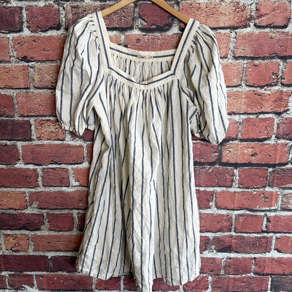 Faherty Phoenix Dress Navy Cream Elroy Stripe Linen Blend Mini Sz Medium Coastal